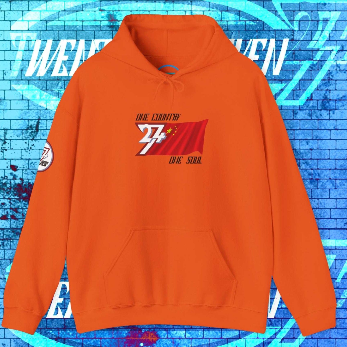 Vibrant Orange China flag graphic hoodie showing the refined hand-drawn design and slogan.