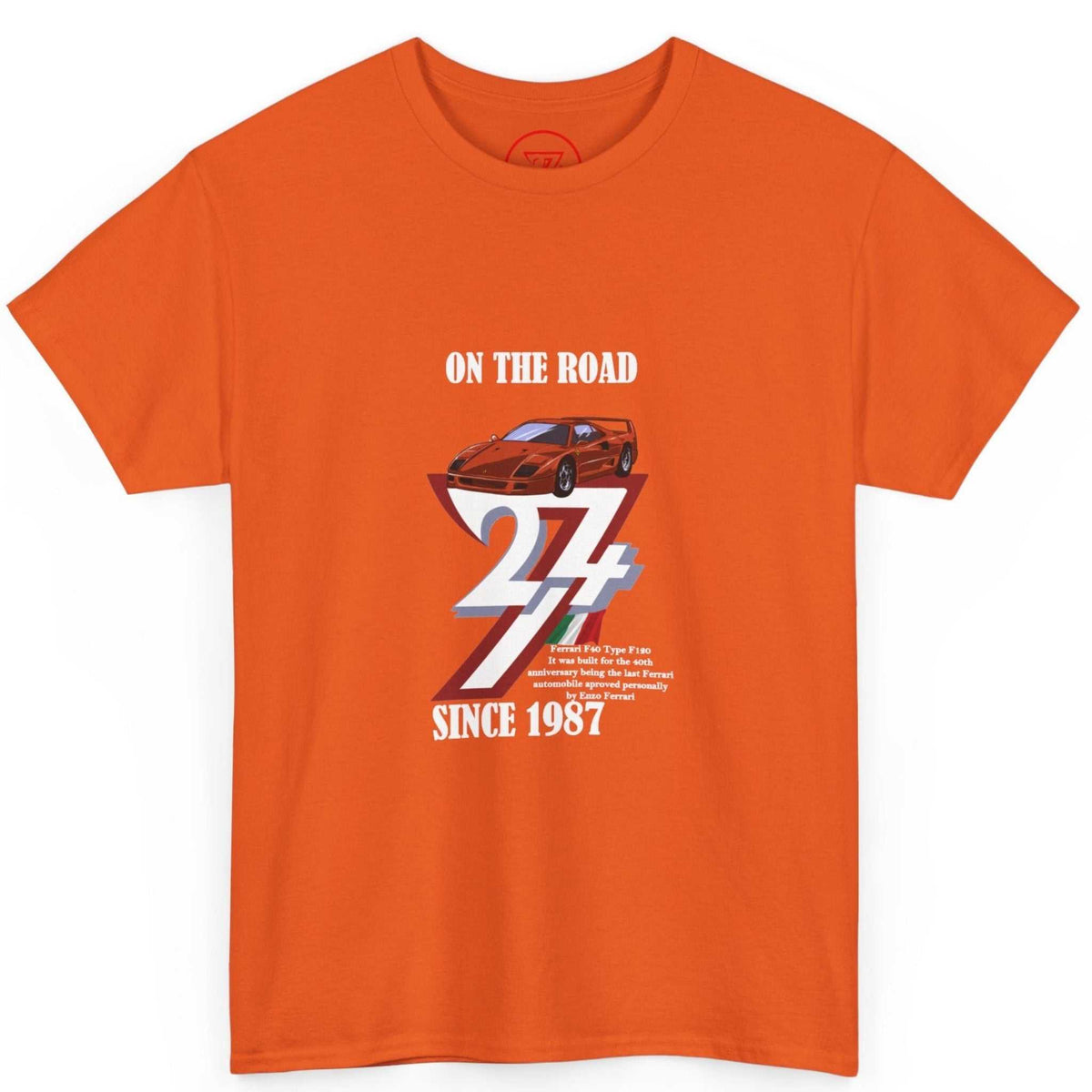 Front view of a vibrant orange classic supercar gift tee showcasing the full-color vintage Ferrari graphic and white text, laid flat.