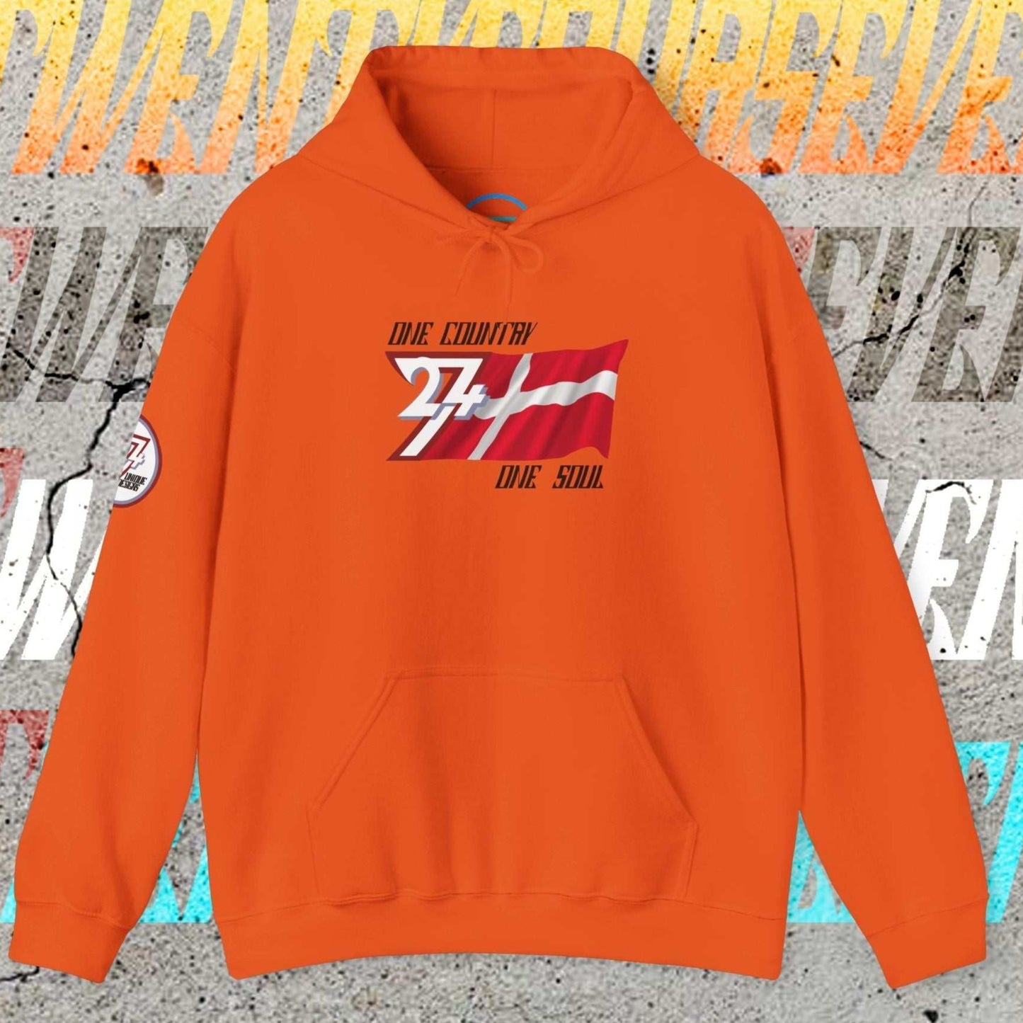 Orange lifestyle hoodie showcasing 24/7 passion for Danmark with refined "Atelier" graphics.
