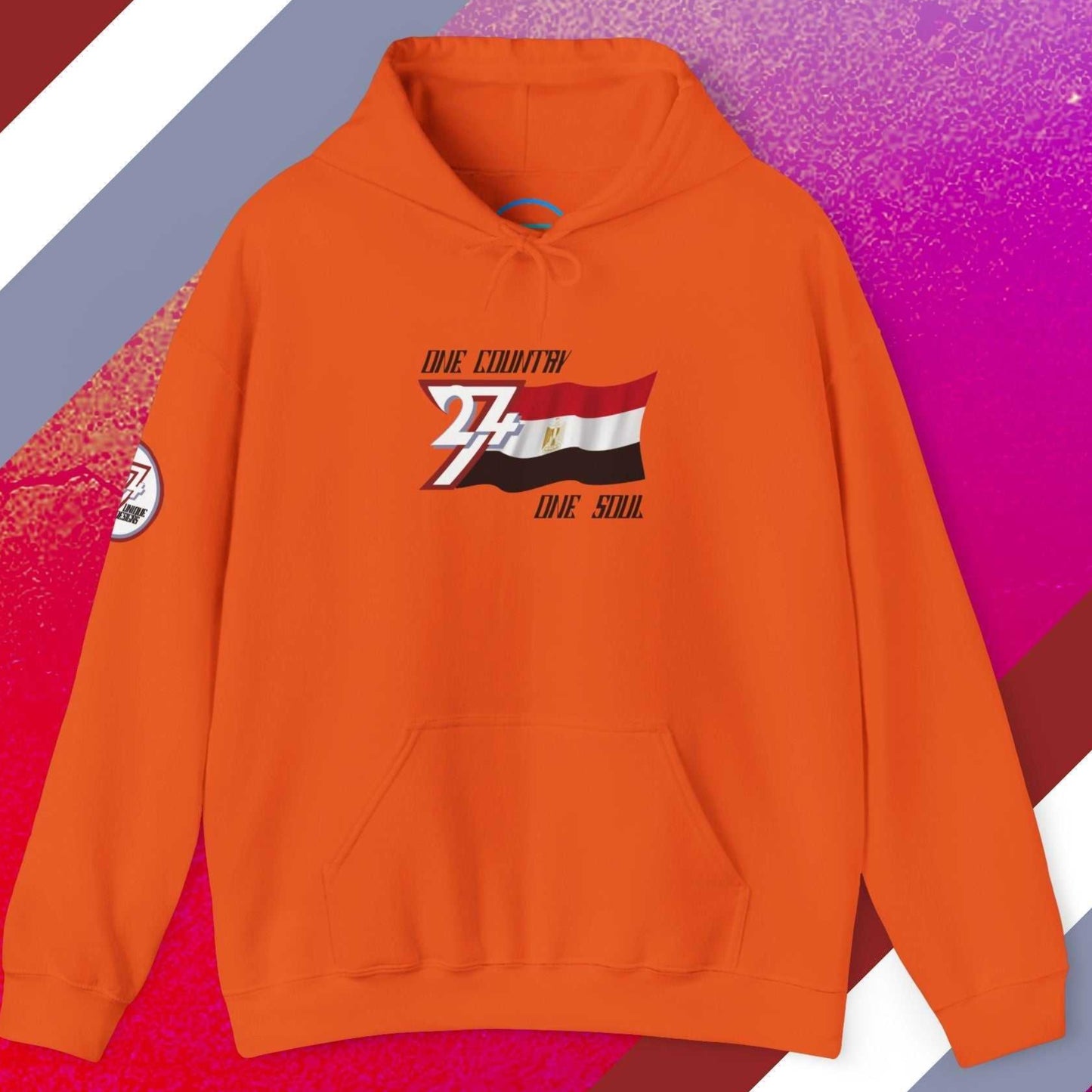 Vibrant Orange Egypt flag graphic hoodie showing the refined hand-drawn design and slogan.
