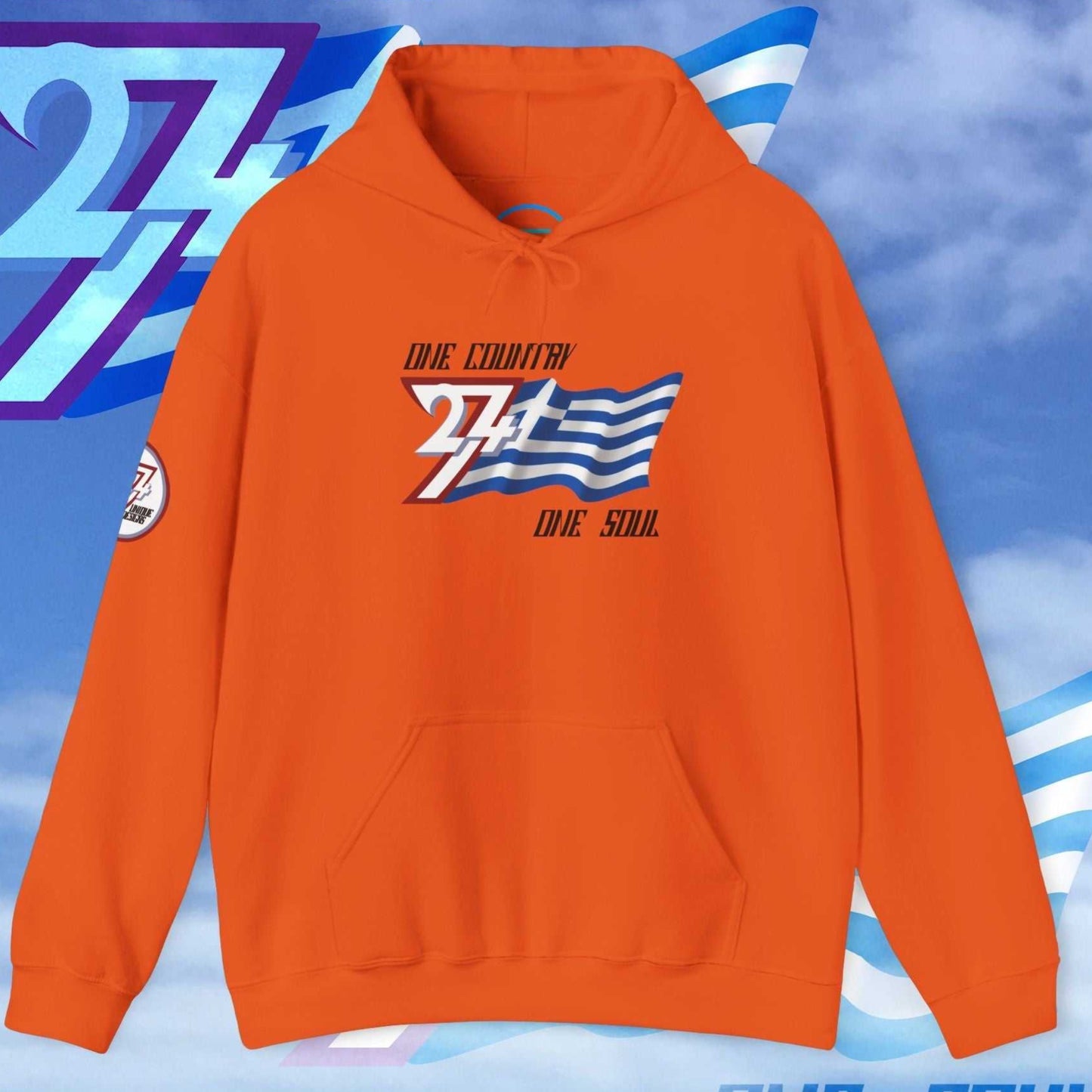 Vibrant Orange lifestyle hoodie featuring the "One Country One Soul" slogan and Greek heritage art.