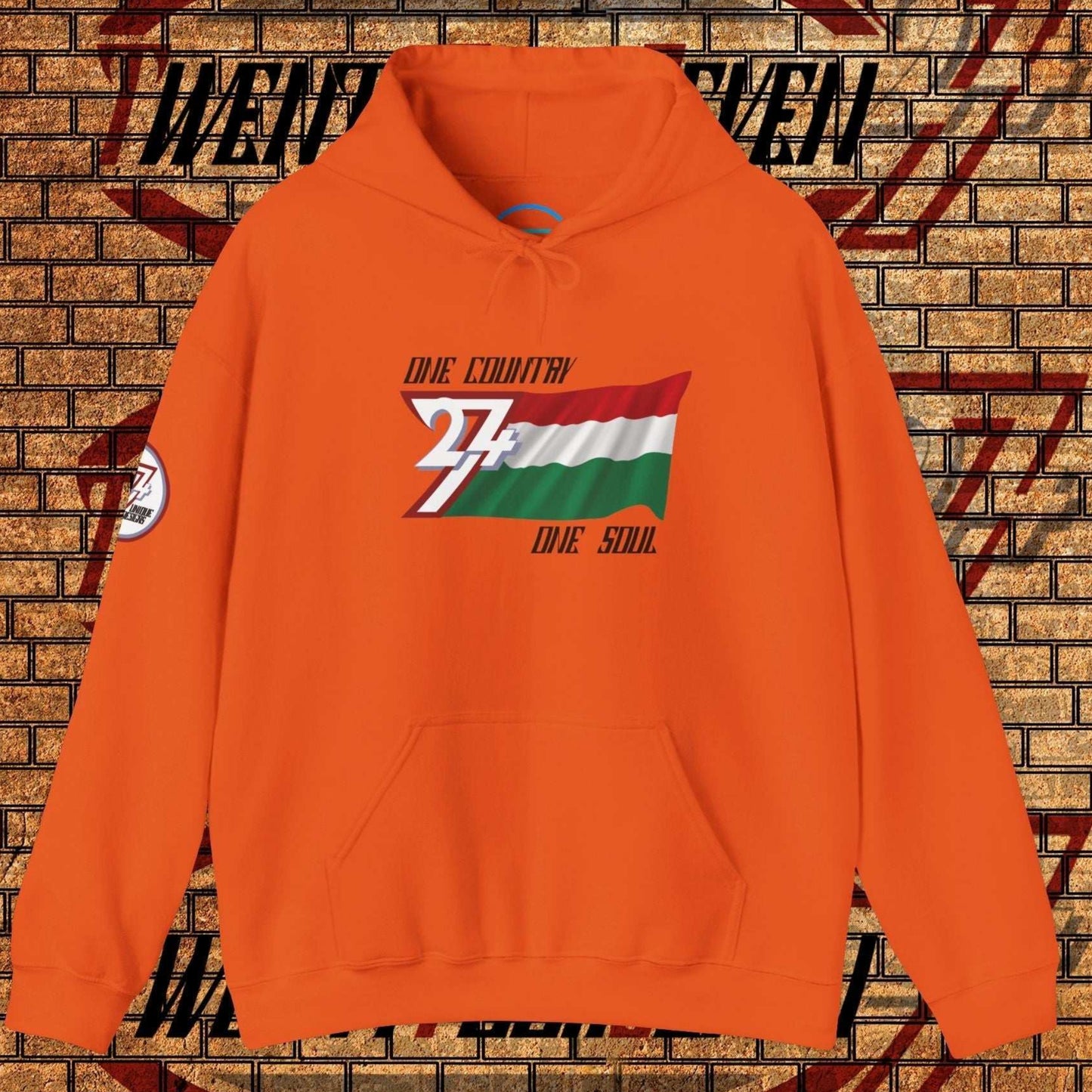 Vibrant Orange Hungary flag graphic hoodie showing the refined hand-drawn design and slogan.