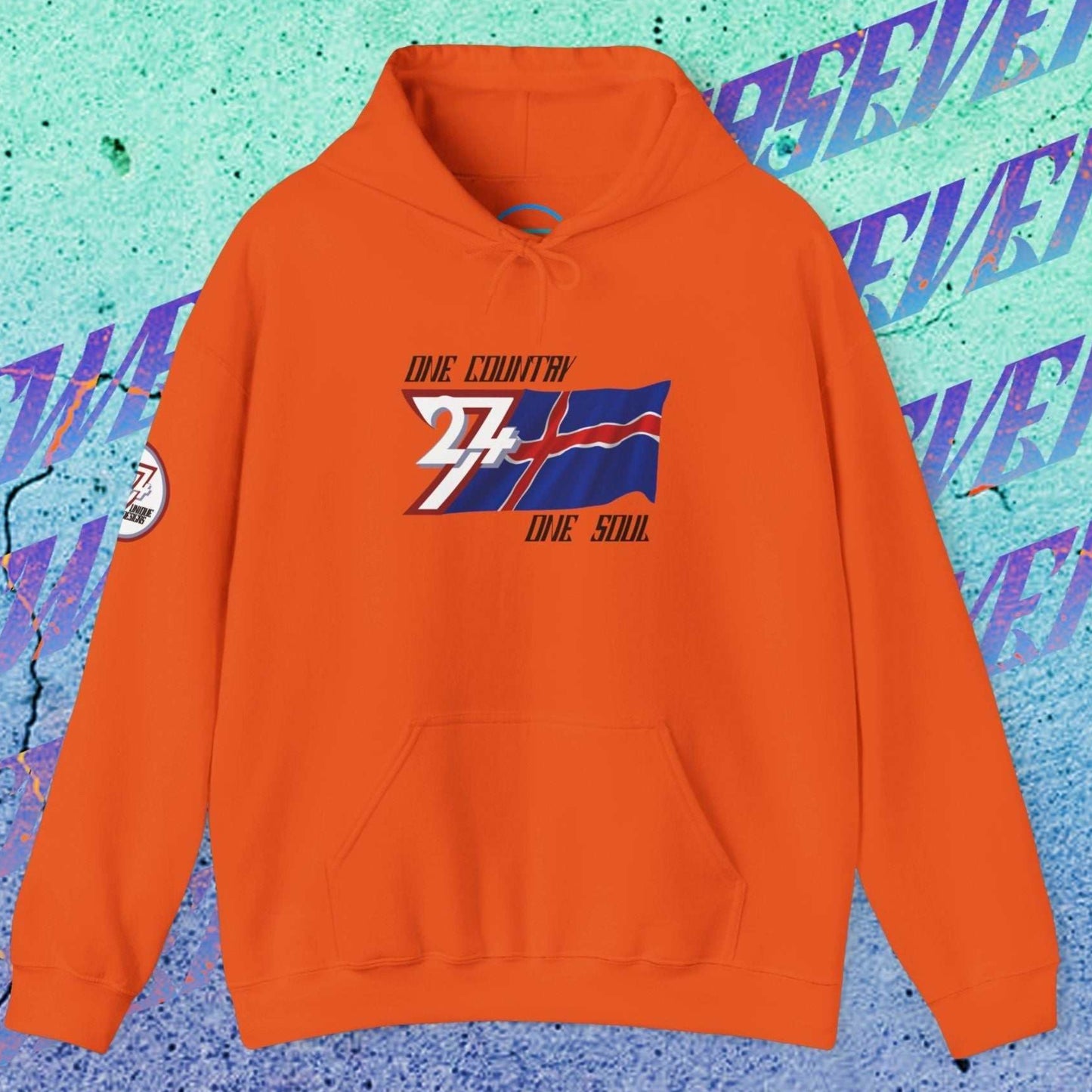 Vibrant Orange Iceland flag graphic hoodie showing the refined hand-drawn design and slogan.