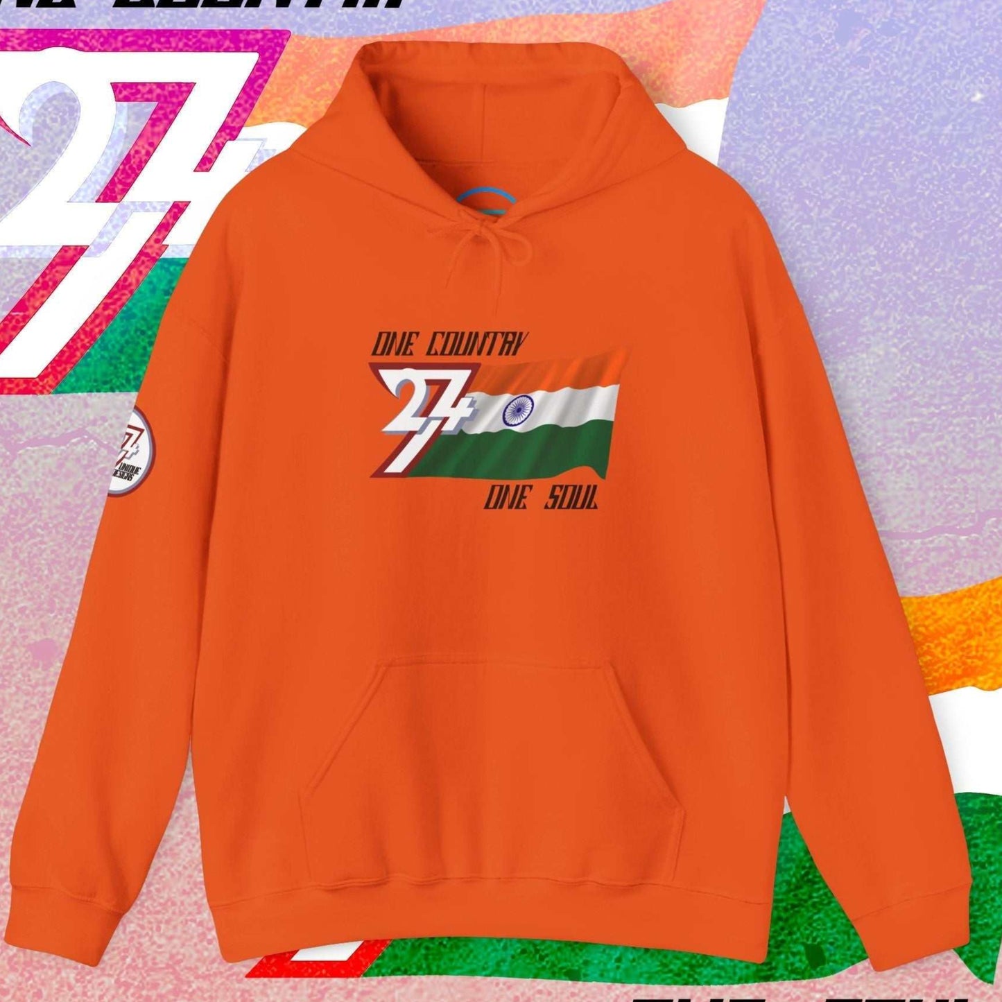 Vibrant Orange India flag graphic hoodie showing the refined hand-drawn design and slogan.