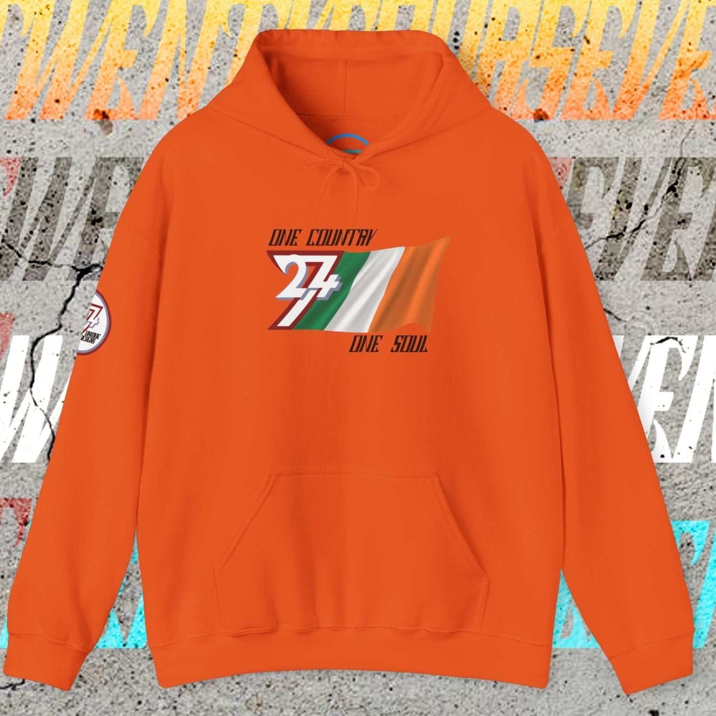 Vibrant Orange Ireland flag graphic hoodie showing the refined hand-drawn design and slogan.