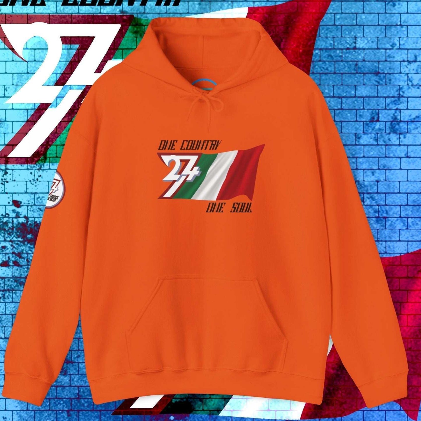 Vibrant Orange Italy flag graphic hoodie showing the refined hand-drawn design and slogan.