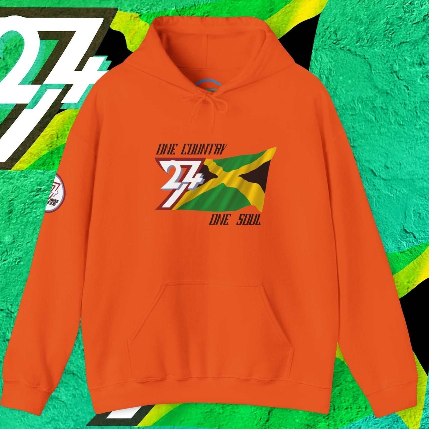 Vibrant Orange Jamaica flag graphic hoodie showing the refined hand-drawn design and slogan.