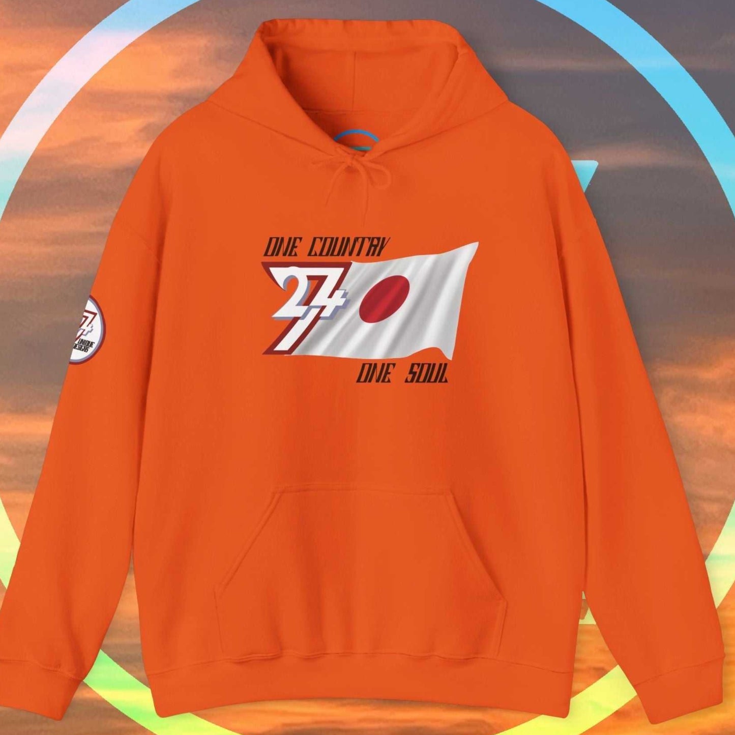 Vibrant Orange Japan flag graphic hoodie showing the refined hand-drawn design and slogan.