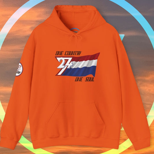 Vibrant Orange Netherlands flag graphic hoodie showing the refined hand-drawn design and slogan.