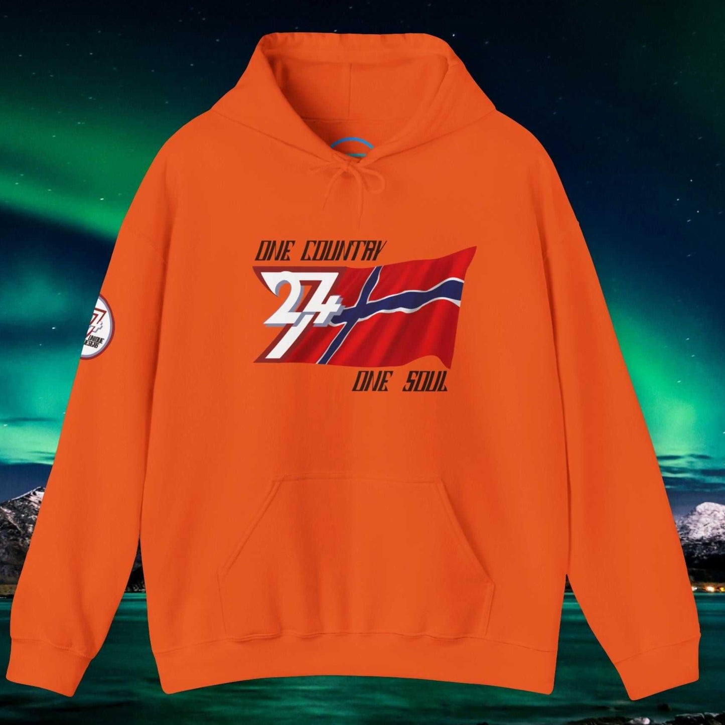 Vibrant Orange Norway flag graphic hoodie showing the refined hand-drawn design and slogan.