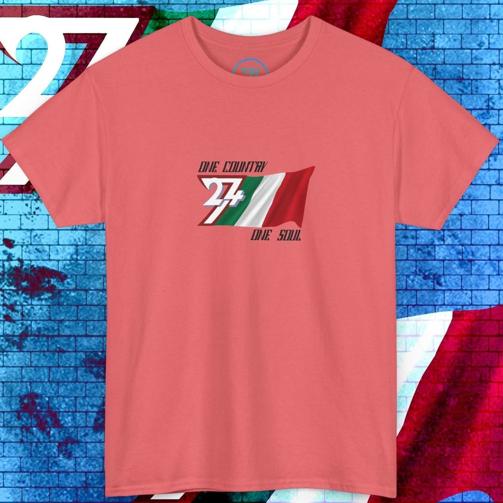 Streetwear style pink Italy flag shirt with a unique hand-drawn finish and "One Country One Soul" branding.