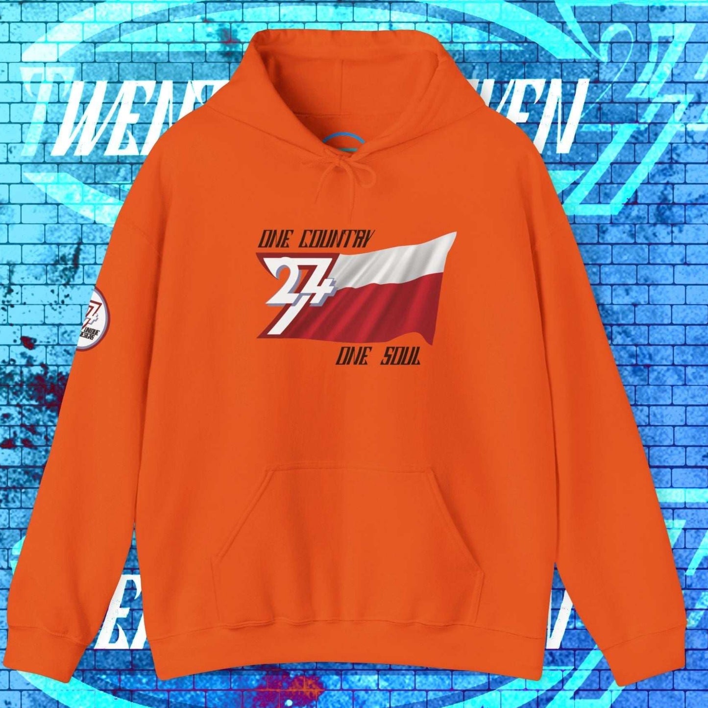 Vibrant Orange Poland flag graphic hoodie showing the refined hand-drawn design and slogan.