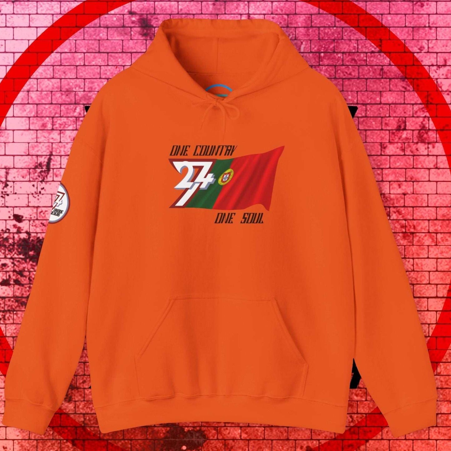 Vibrant Orange Portugal flag graphic hoodie showing the refined hand-drawn design and slogan.