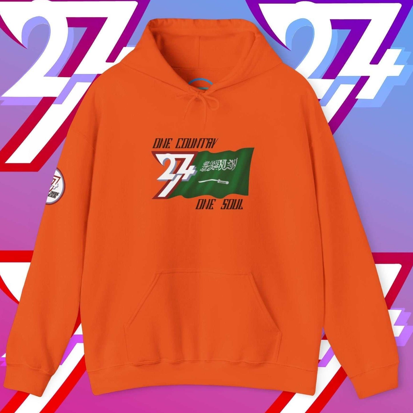 Vibrant Orange Saudi Arabia flag graphic hoodie showing the refined hand-drawn design and slogan.