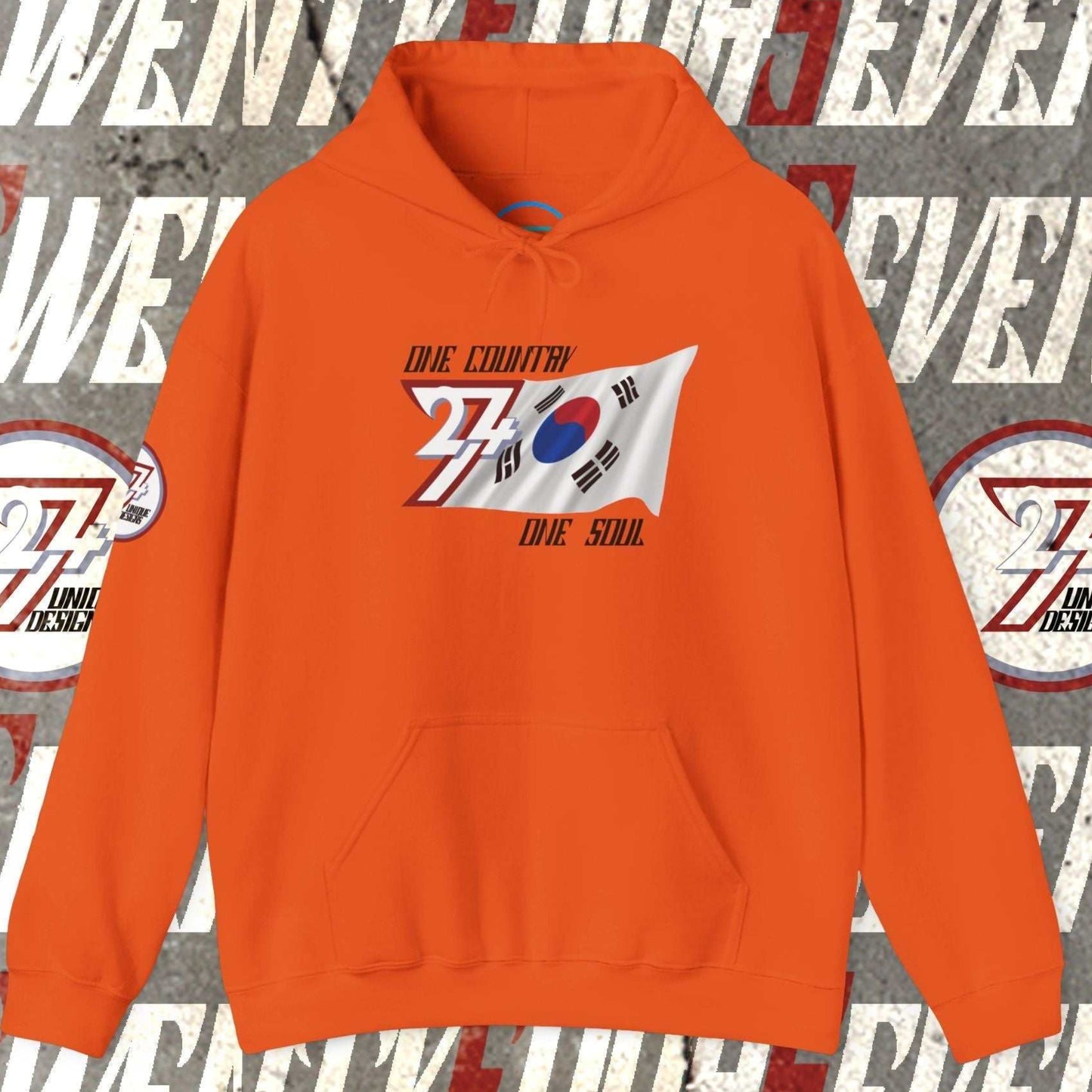 Vibrant Orange South Korea flag graphic hoodie showing the refined hand-drawn design and slogan.