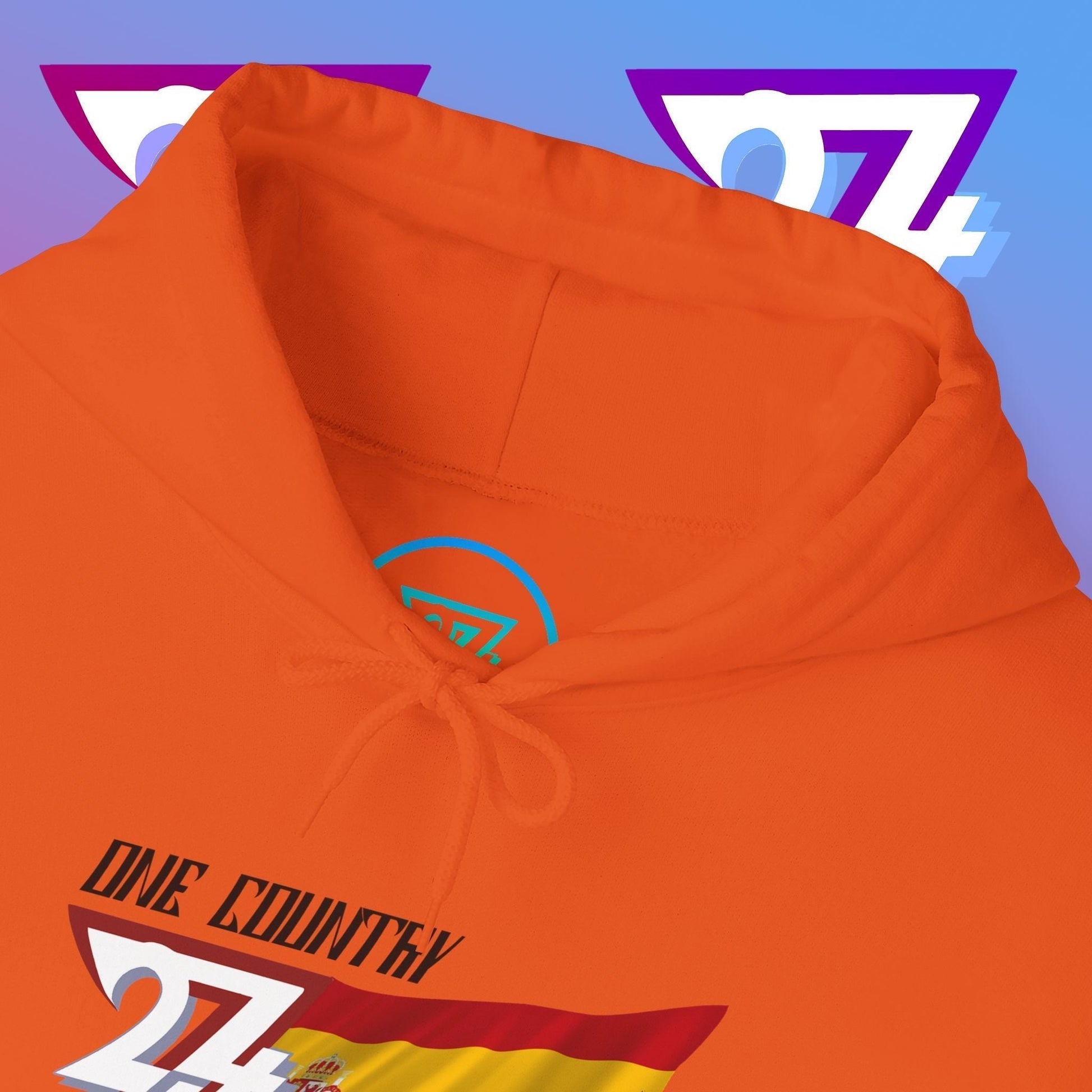 Macro close-up of the inner neck area showing the tear-away label and authentic 24/7 Unique Designs trademark logo.