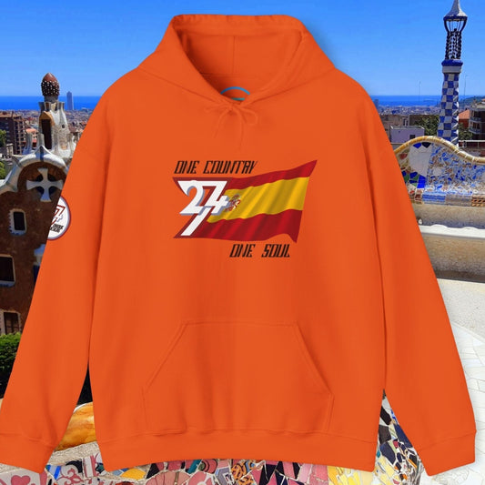 Vibrant Orange Spain flag graphic hoodie showing the refined hand-drawn design and slogan.