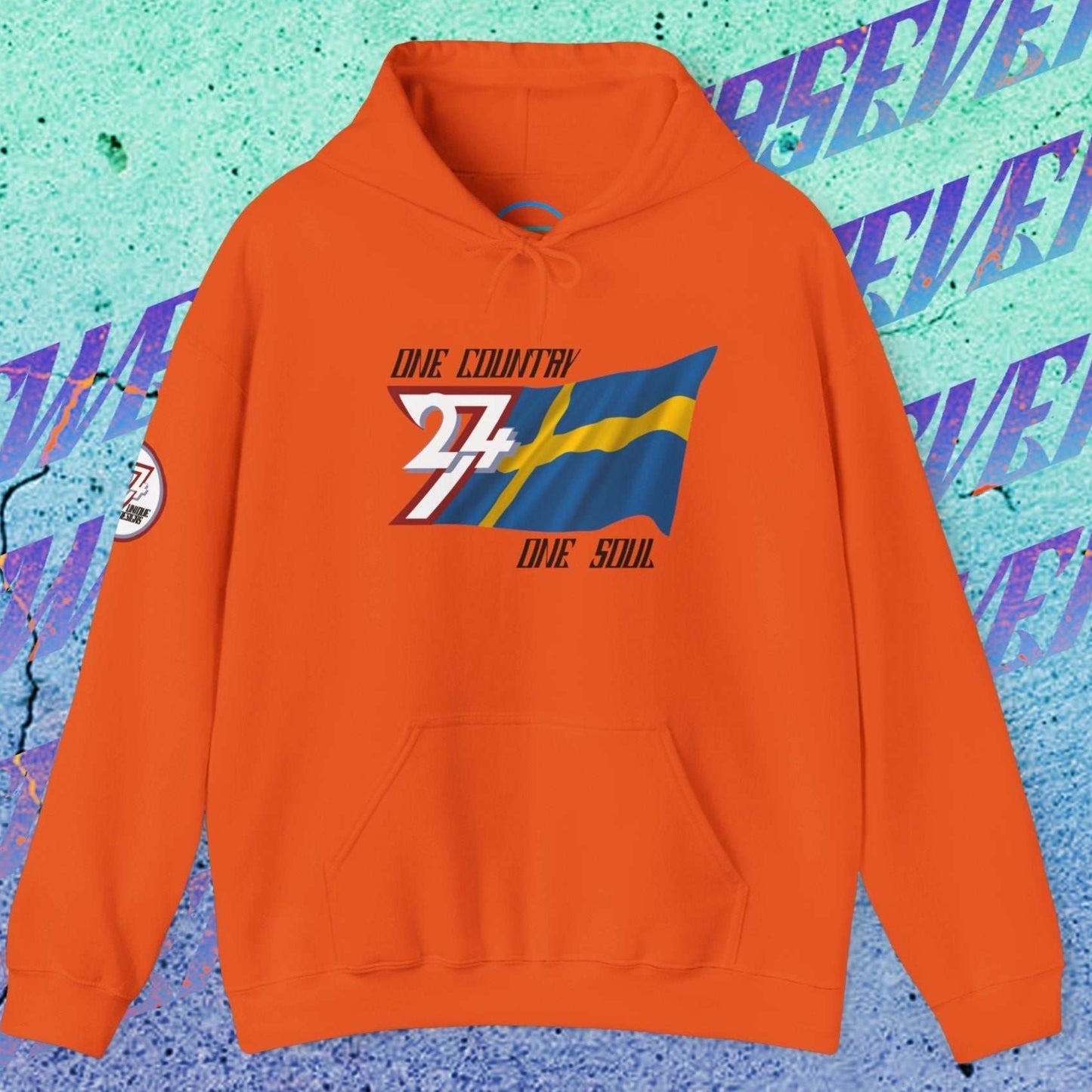 Vibrant Orange Sweden flag graphic hoodie showing the refined hand-drawn design and slogan.