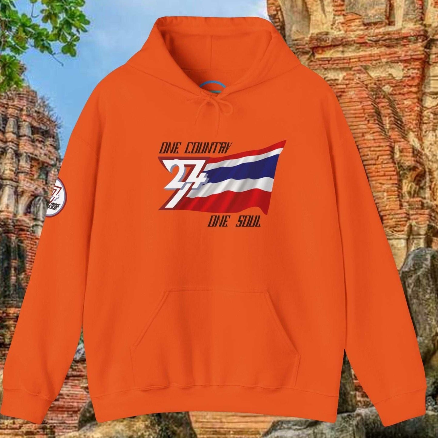 Vibrant Orange Thailand flag graphic hoodie showing the refined hand-drawn design and slogan.