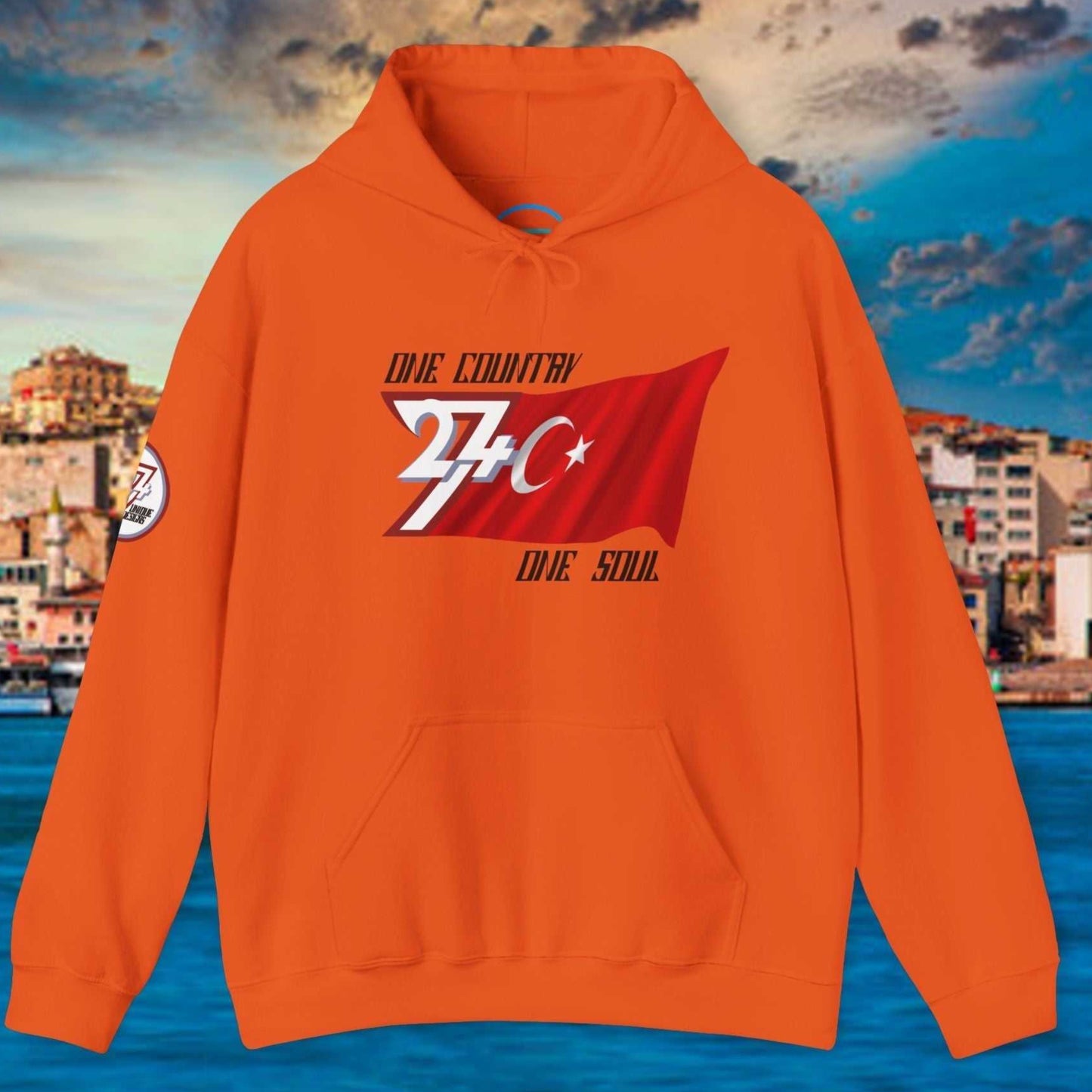 Vibrant Orange Türkiye flag graphic hoodie showing the refined hand-drawn design and slogan.