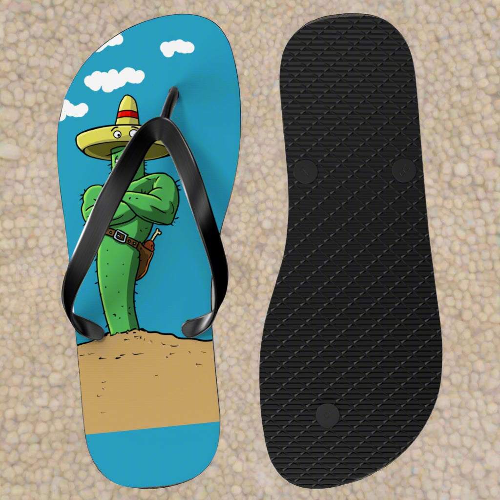Funny cartoon flip flops in vibrant blue featuring an original hand-drawn cactus design.