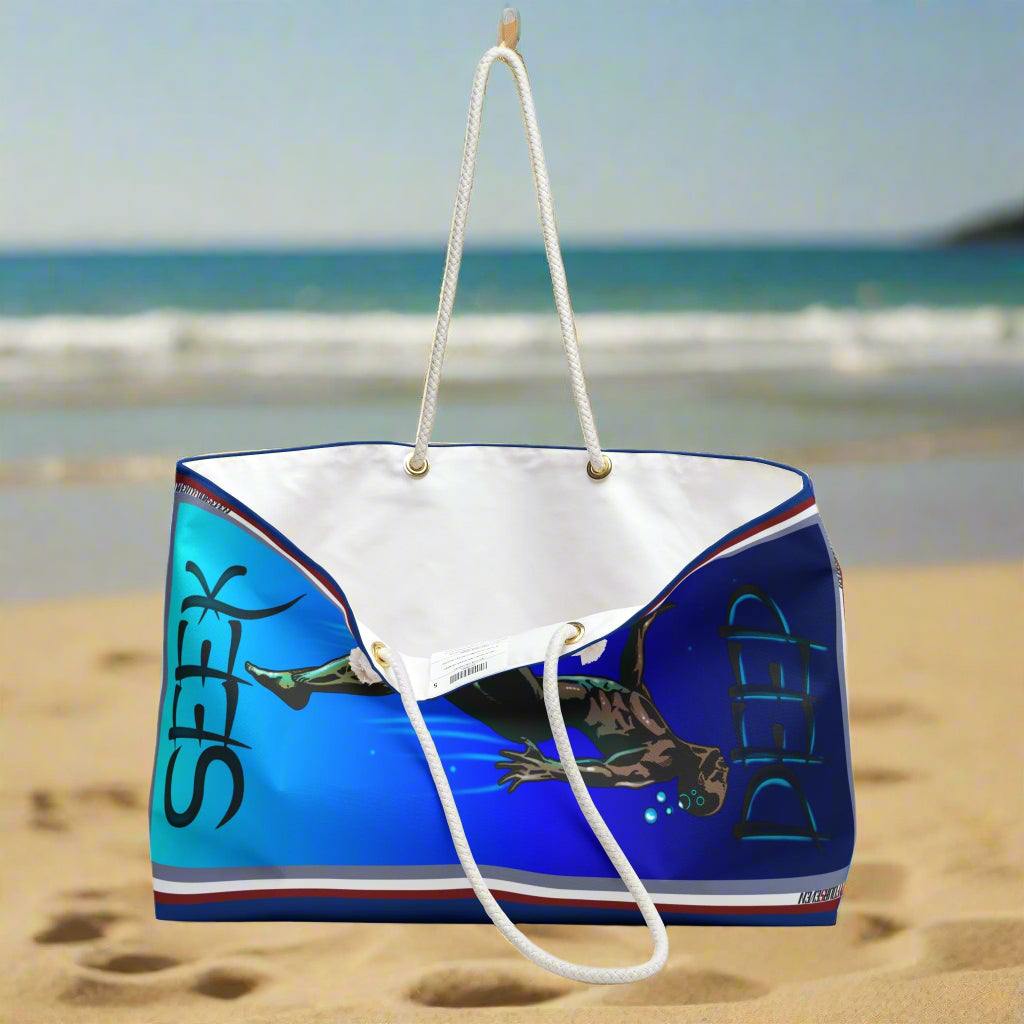 Large Beach Bag featuring a comic art diver graphic and rope handles.