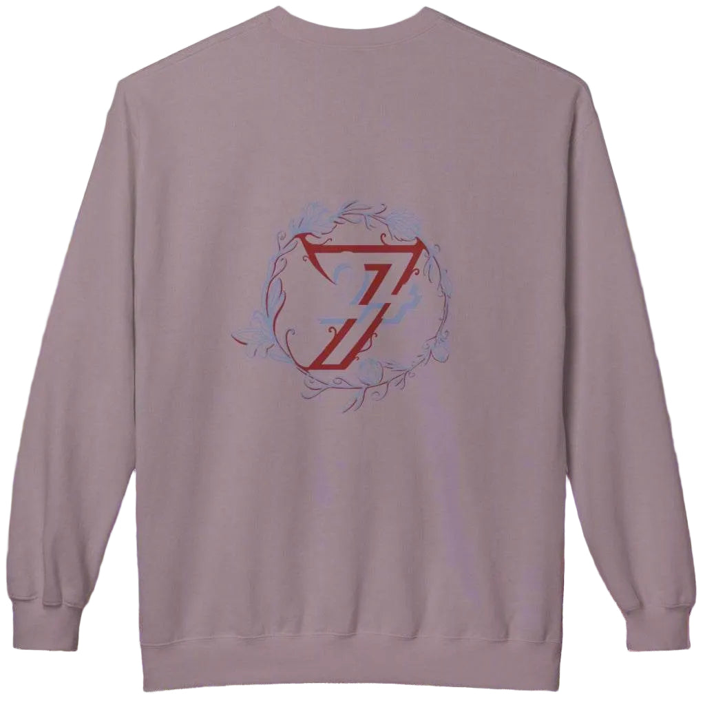 Back view of a paragon grey women's slouchy sweater with a detailed big flower print.