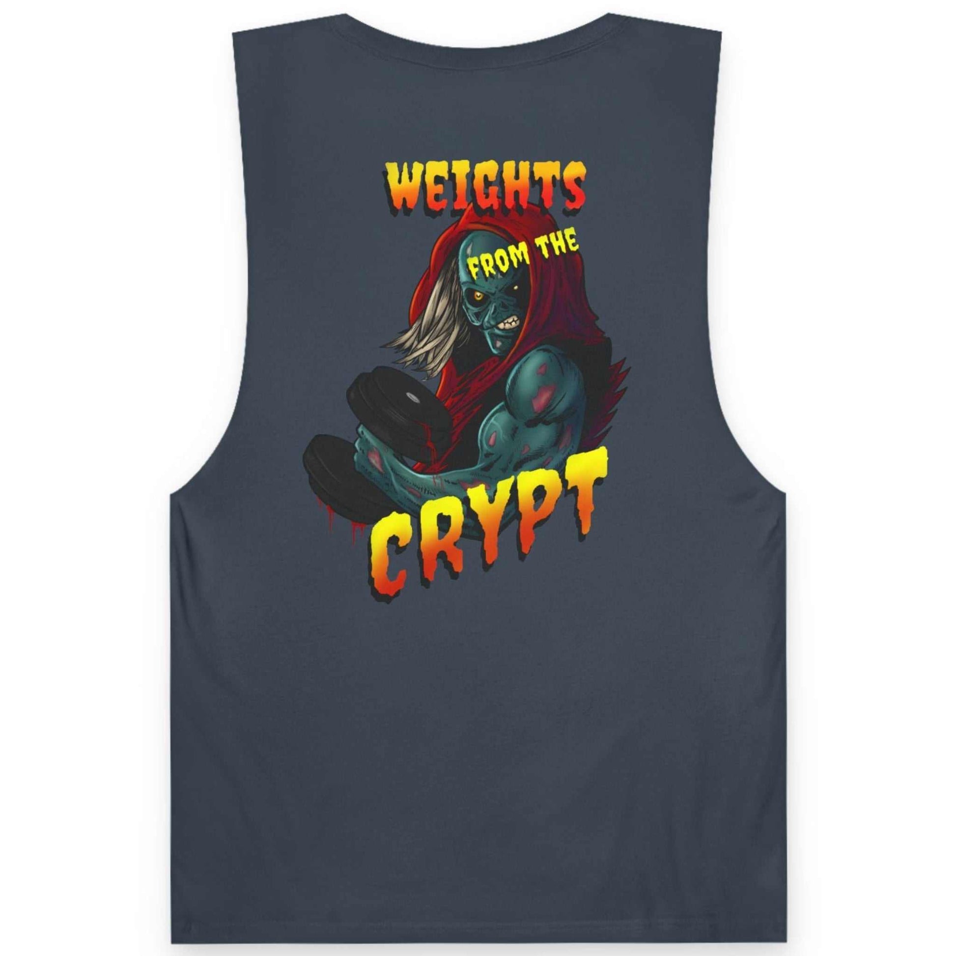 Back view of a petrol blue men's bodybuilding muscle tank featuring the detailed ghoul and dumbbell illustration.