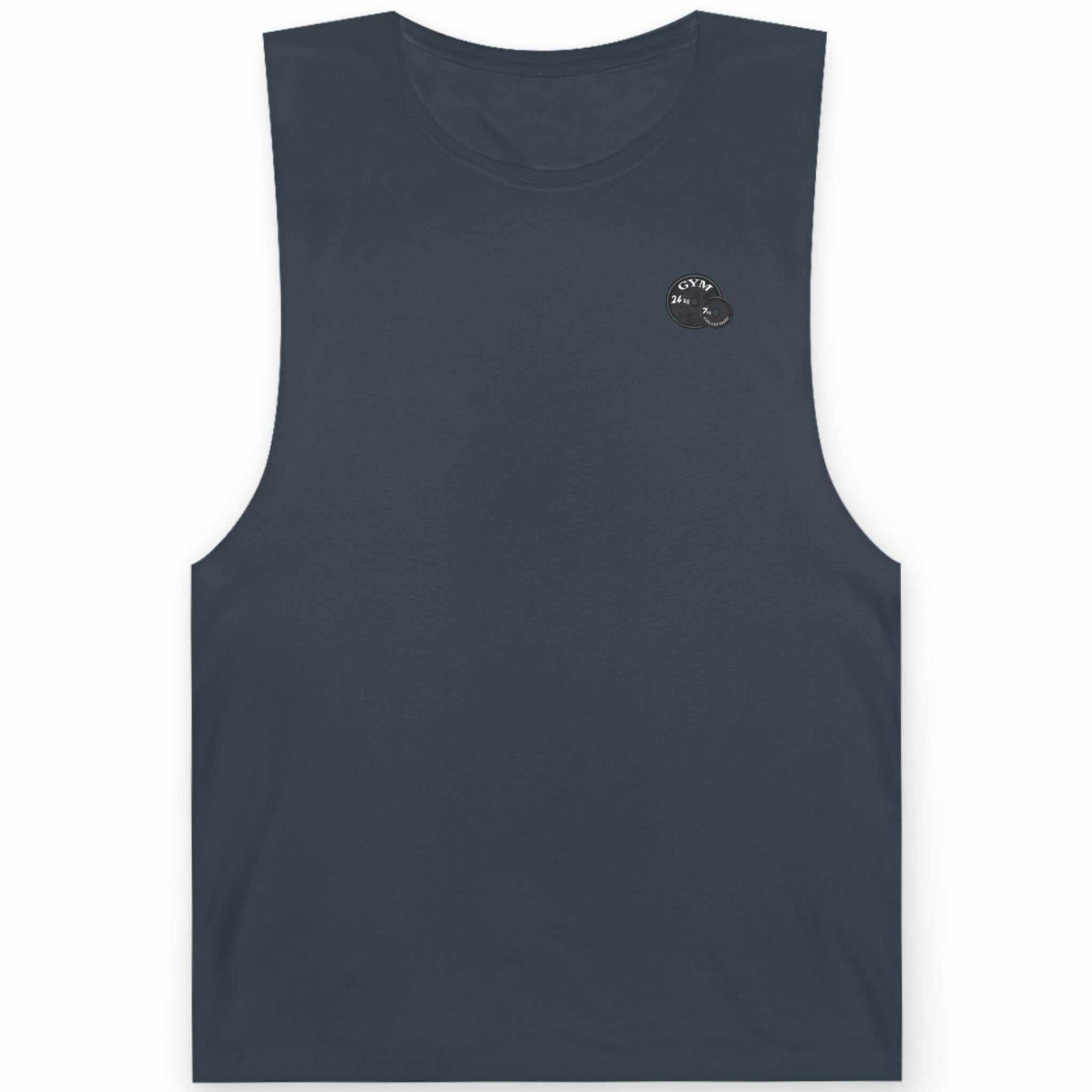 Front view of a petrol blue retro horror graphic tank top highlighting the front logo, laid flat.