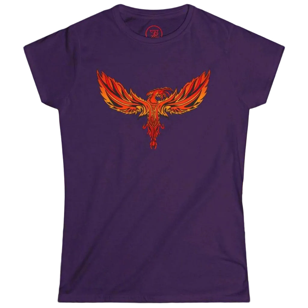 Purple women's graphic top displaying a vibrant phoenix chest design.