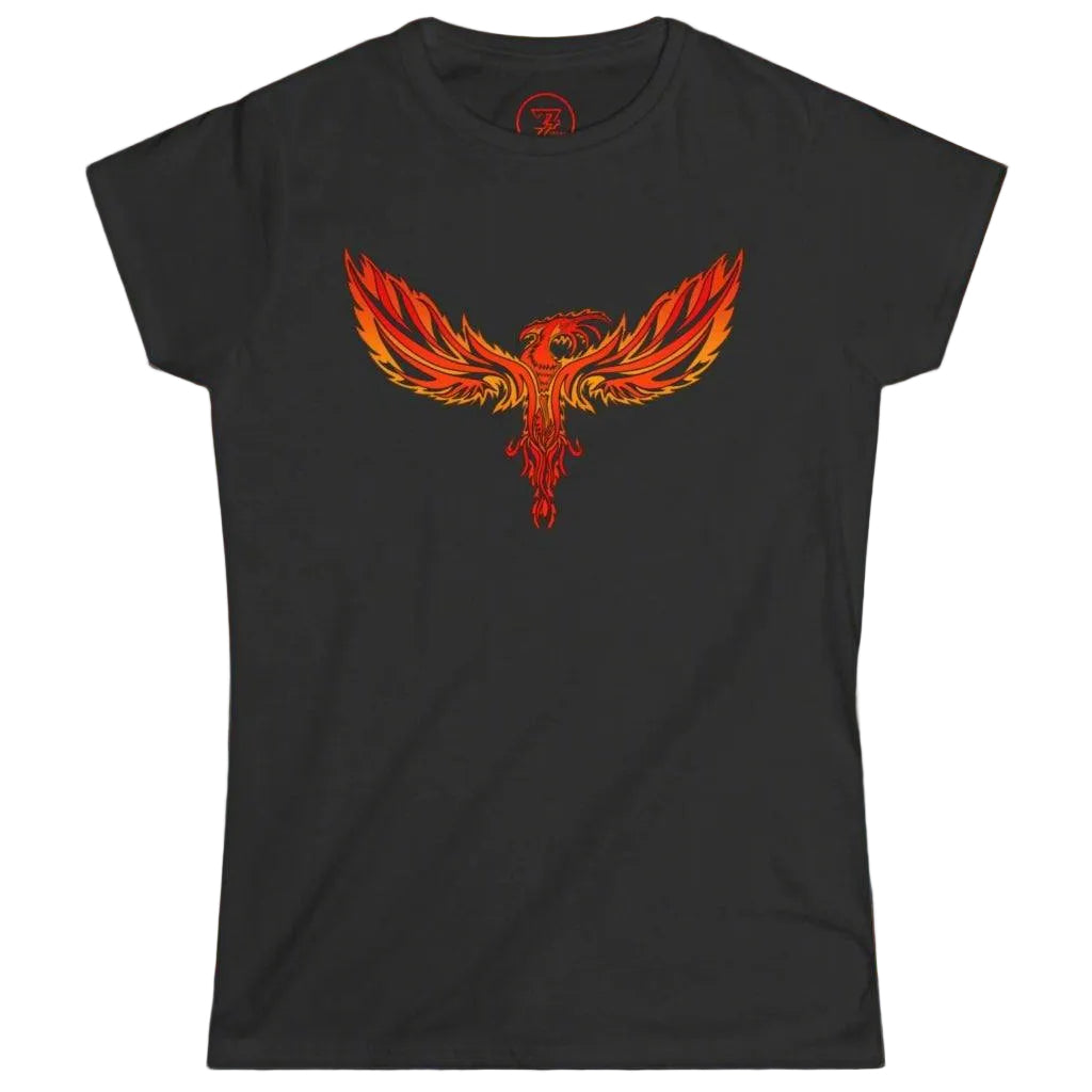 Black women's graphic tee showing a bright fire bird design.