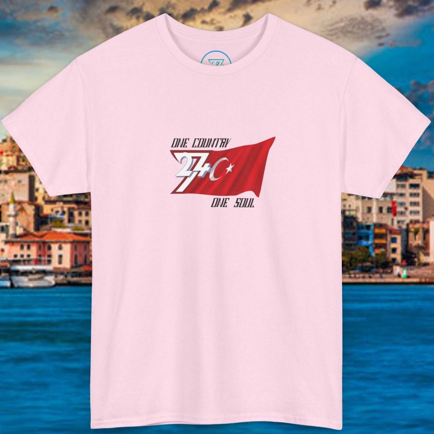 Pink Türkiye Flag Graphic T-Shirt with hand-drawn red flag and white crescent and star design on front, crew neck, and short sleeves.
