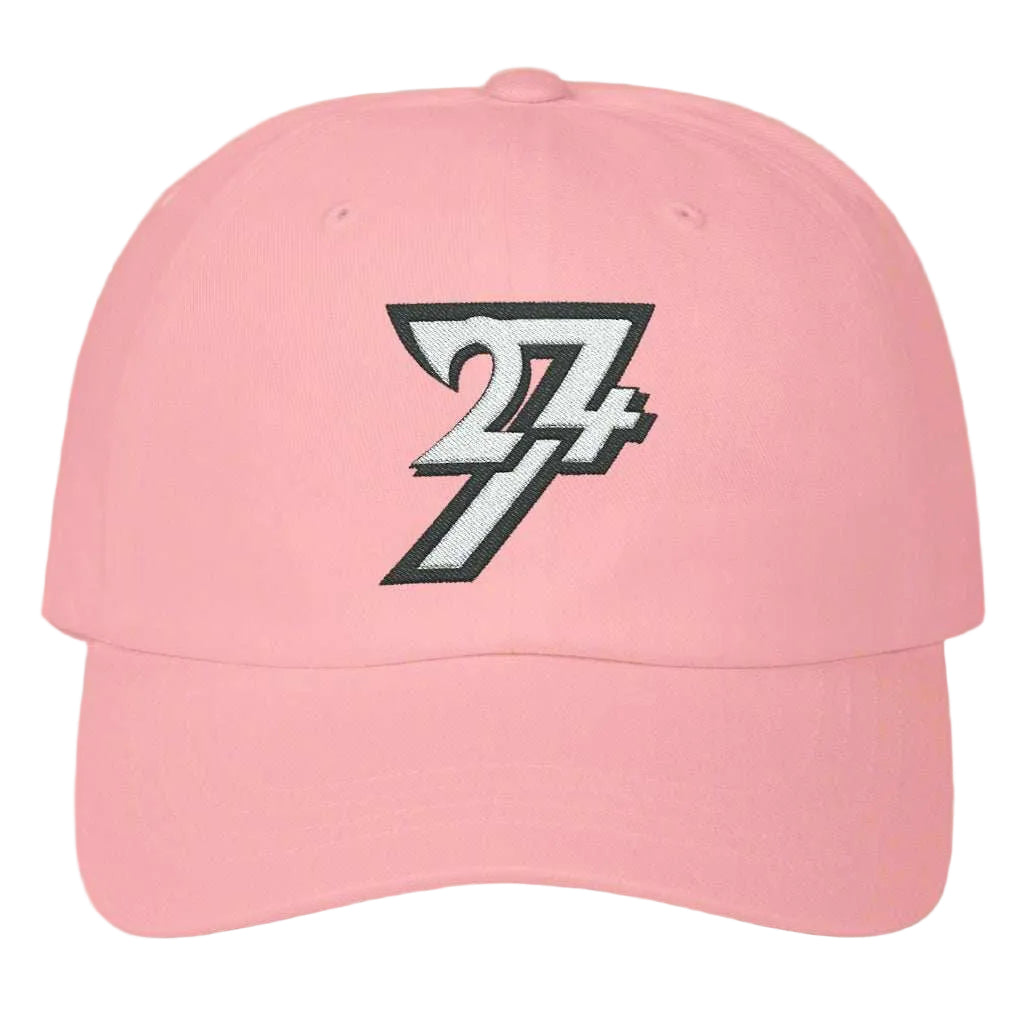 Front view of a pink classic logo baseball cap by 24/7 Unique Designs featuring a bold embroidered badge.