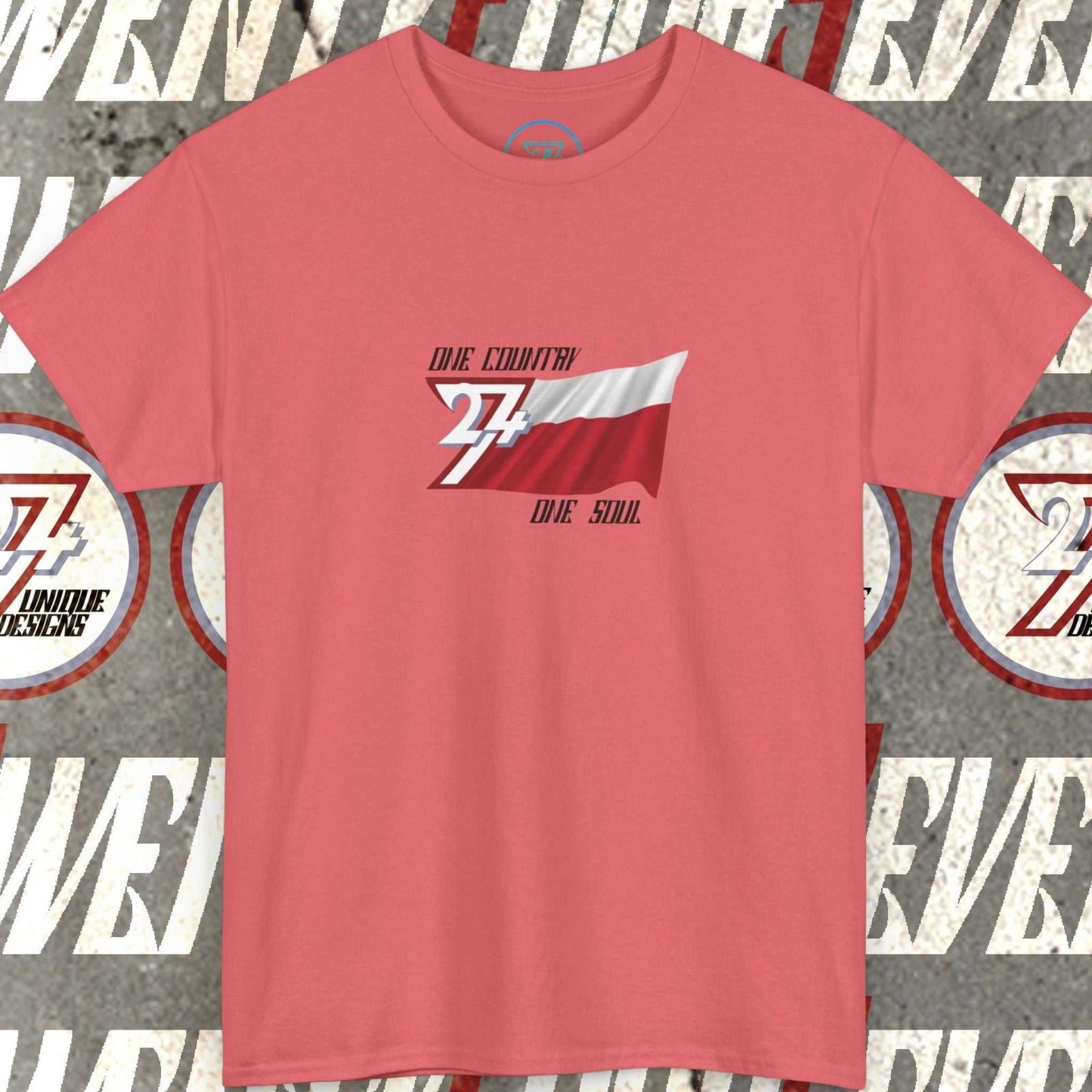 Front view of a pink graphic t-shirt featuring a digitally hand-drawn Poland flag design.