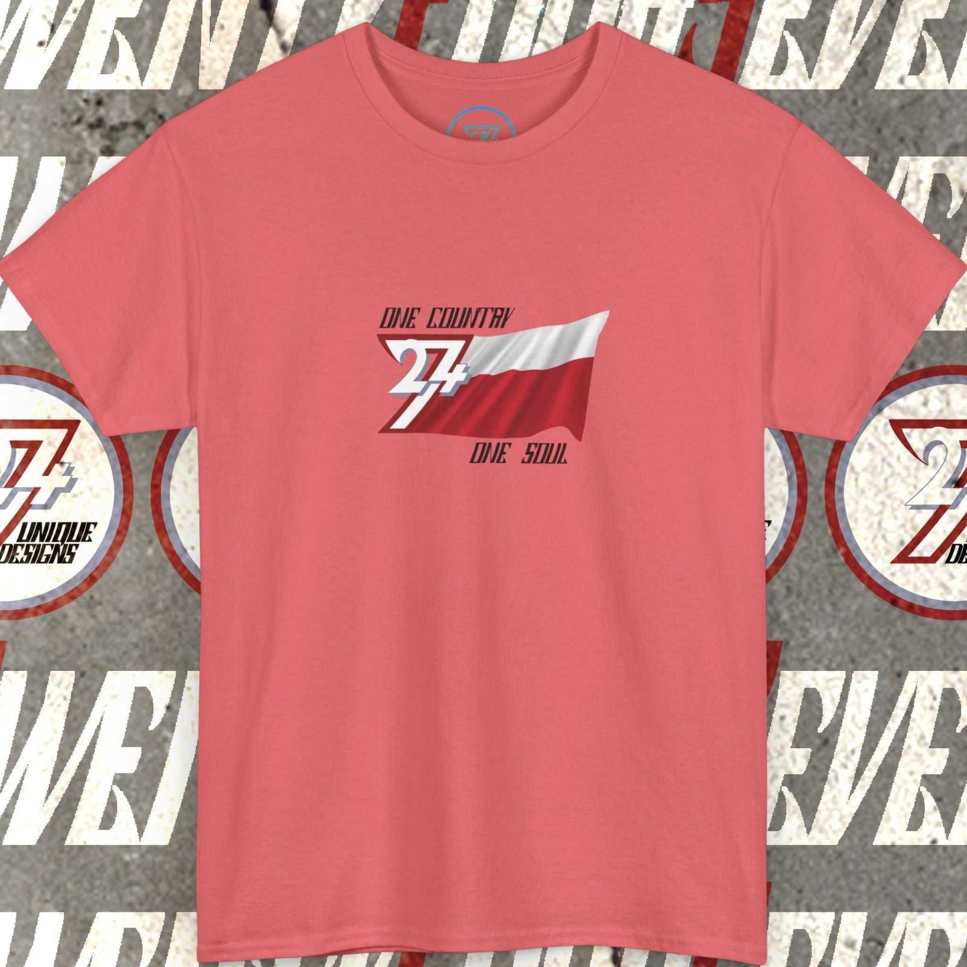 Front view of a pink graphic t-shirt featuring a digitally hand-drawn Poland flag design.