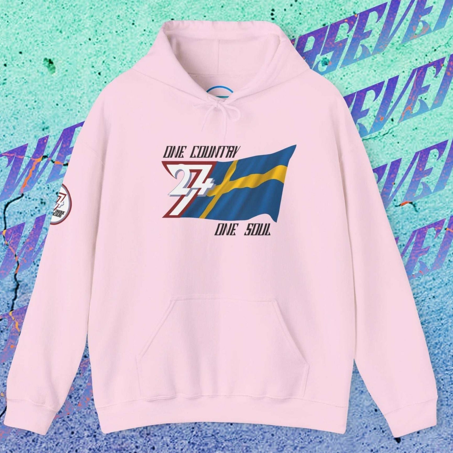 Front view of the Light Pink Sverige "Essence" edition hoodie highlighting the clean hand-drawn lines.