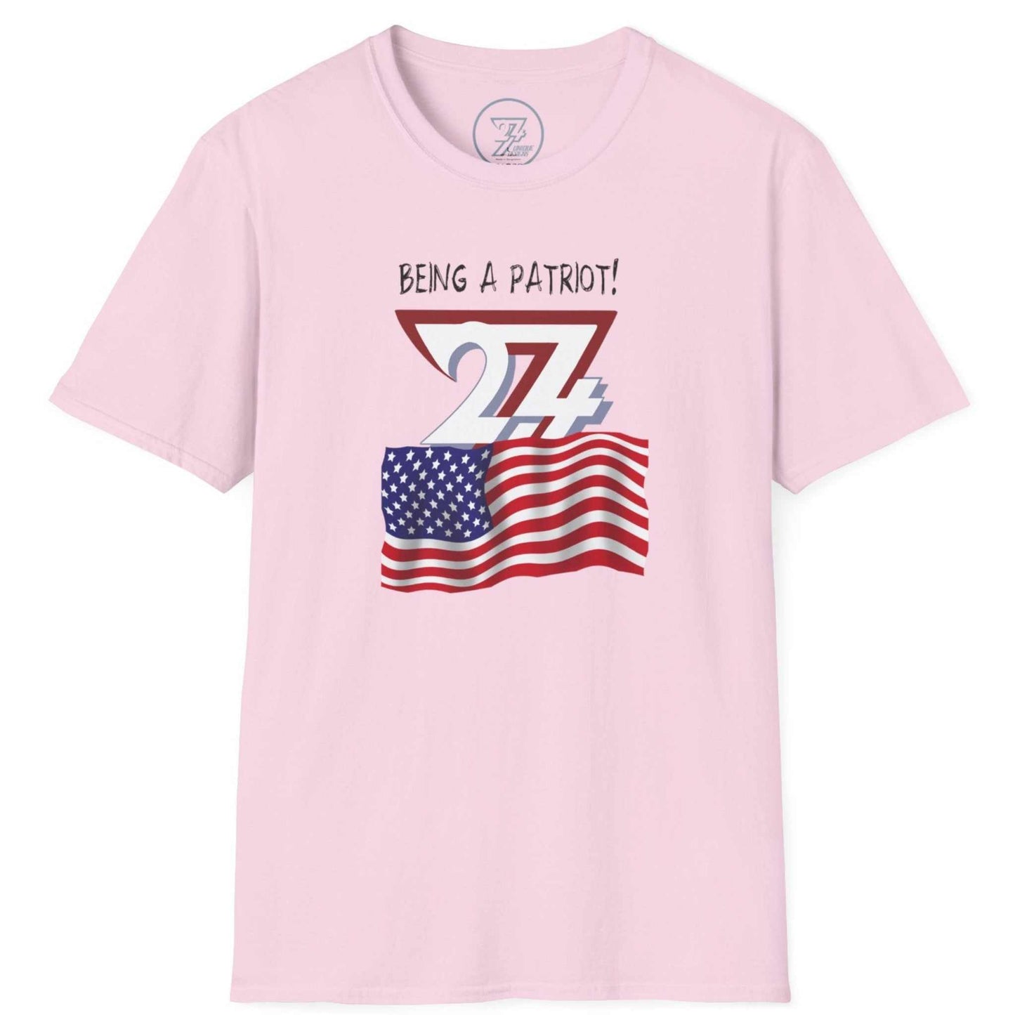 Pink t-shirt with 'Being a Patriot' design featuring an American flag on a white background
