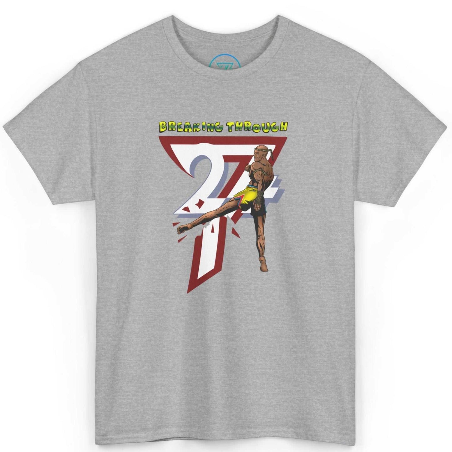 Front view of an athletic sport grey combat sports graphic tee highlighting the original hand-drawn fighter art, shown on a clean background.