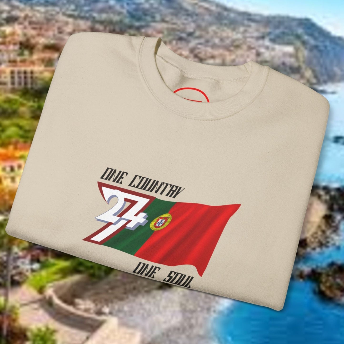 Portugal flag sweatshirt with hand-drawn design, cream crewneck jumper featuring vibrant Portuguese flag graphics.