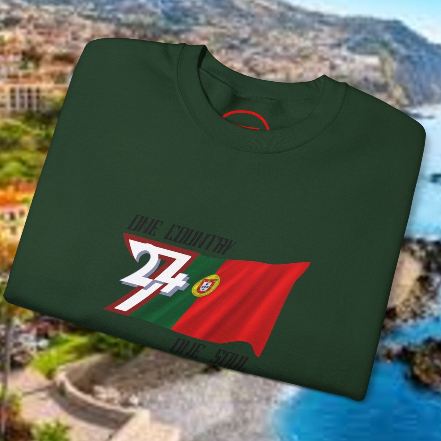 Portugal Flag Sweatshirt with vibrant hand-drawn design on dark green crewneck jumper