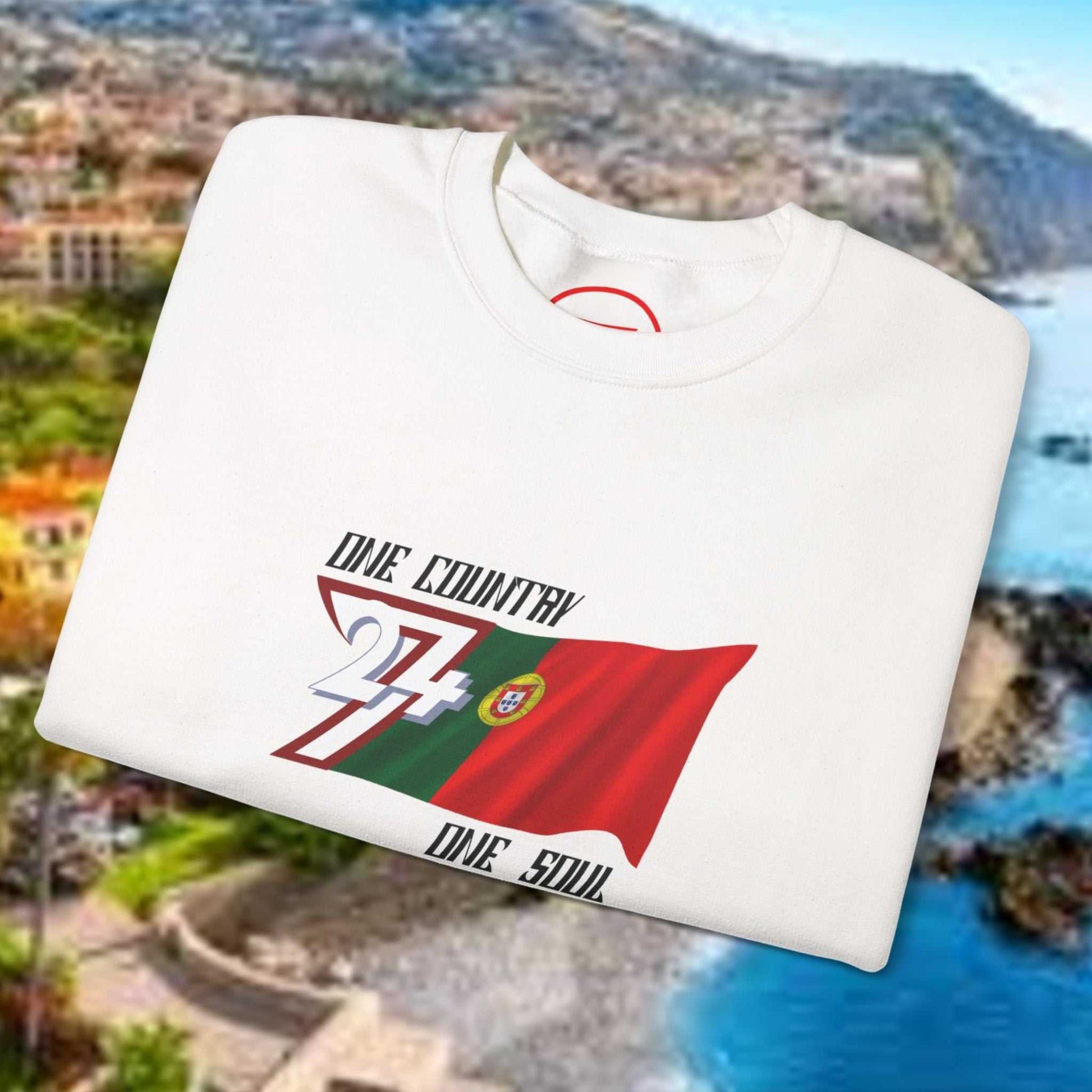 White Portugal Flag Sweatshirt with vibrant hand-drawn design