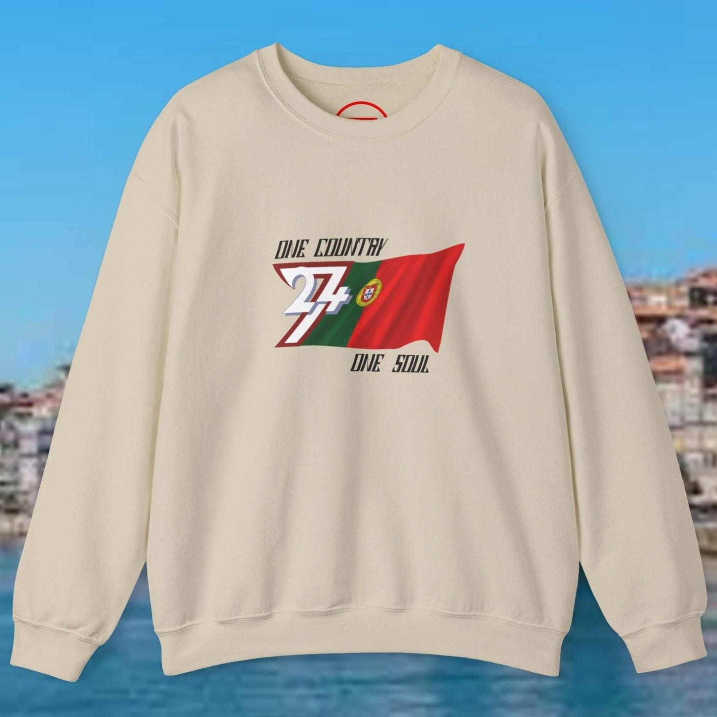 Portugal Flag Sweatshirt with hand-drawn vibrant design on cream crewneck jumper