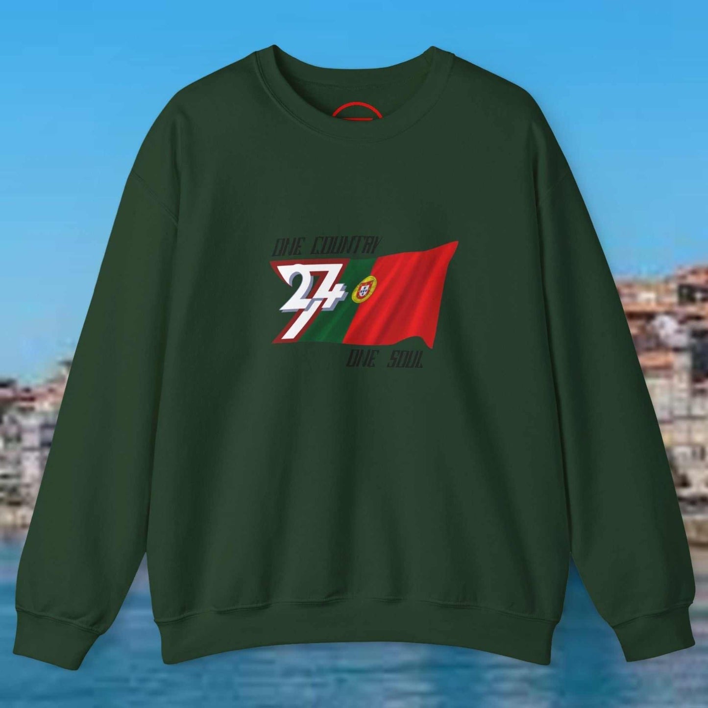 Portugal Flag Sweatshirt green crewneck with hand-drawn Portuguese flag design, comfortable cotton-poly blend jumper