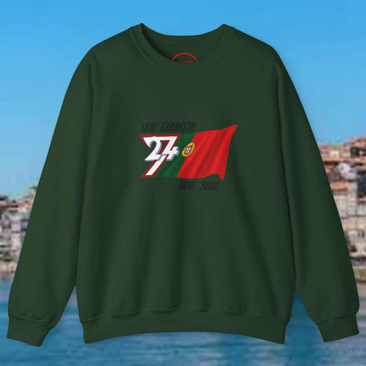 Portugal Flag Sweatshirt green crewneck with hand-drawn Portuguese flag design, comfortable cotton-poly blend jumper