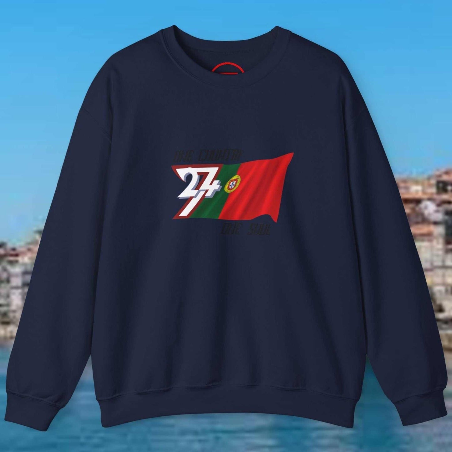 Navy Portugal Flag Sweatshirt with hand-drawn vibrant design on front