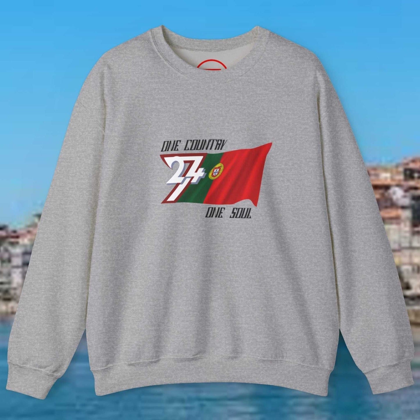 Gray Portugal flag sweatshirt with hand-drawn design and "One Country One Soul" text