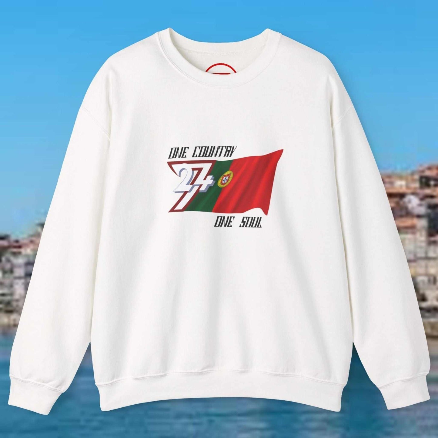 White Portugal Flag Sweatshirt with hand-drawn design and "One Country One Soul" text