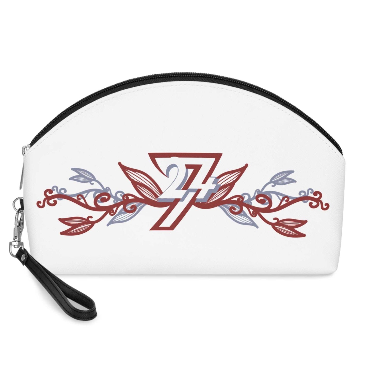 Front view of the white PU leather toiletry bag featuring the sophisticated dark red and steel-blue 24/7 floral vine graphic, displayed on a clean white background.
