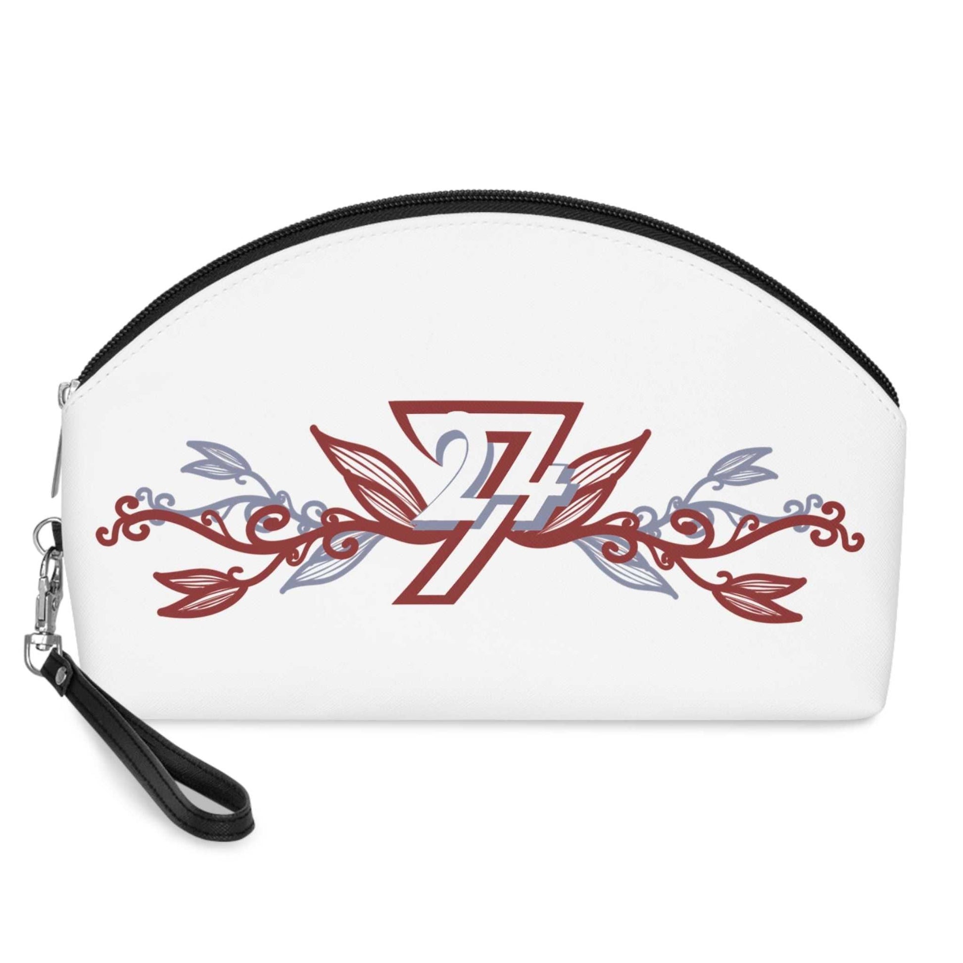 Front view of the white PU leather toiletry bag featuring the sophisticated dark red and steel-blue 24/7 floral vine graphic, displayed on a clean white background.