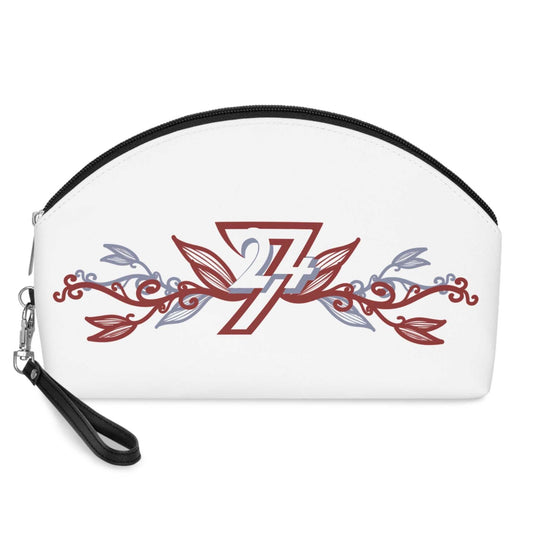 Front view of the white PU leather toiletry bag featuring the sophisticated dark red and steel-blue 24/7 floral vine graphic, displayed on a clean white background.